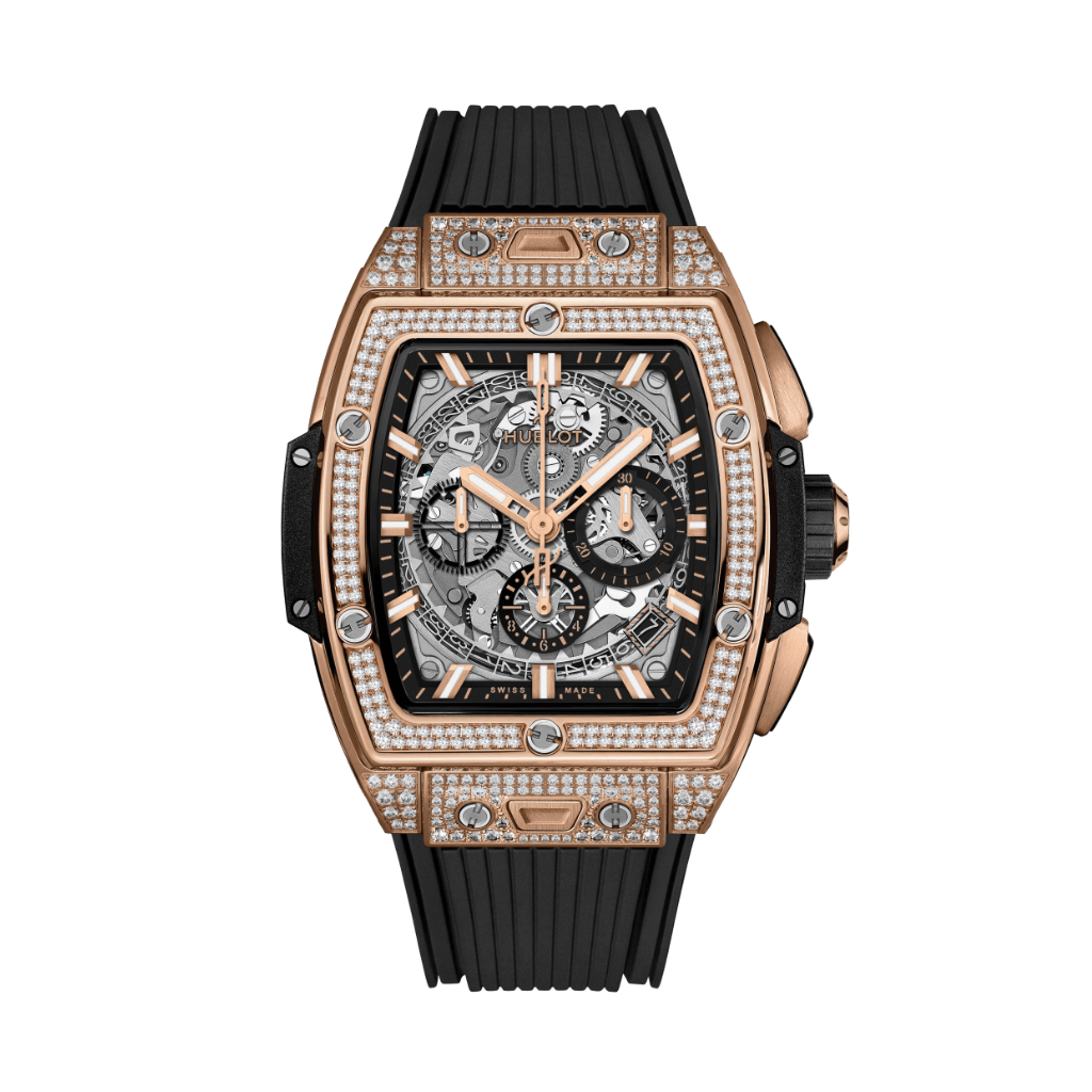 Hublot Spirit of Big Bang King Gold Pavé 42 mm Transparent Dial with Diamonds Polished 18K King Gold Rubber Strap 642.OX.0180.RX.1704 - WATCHXNYC