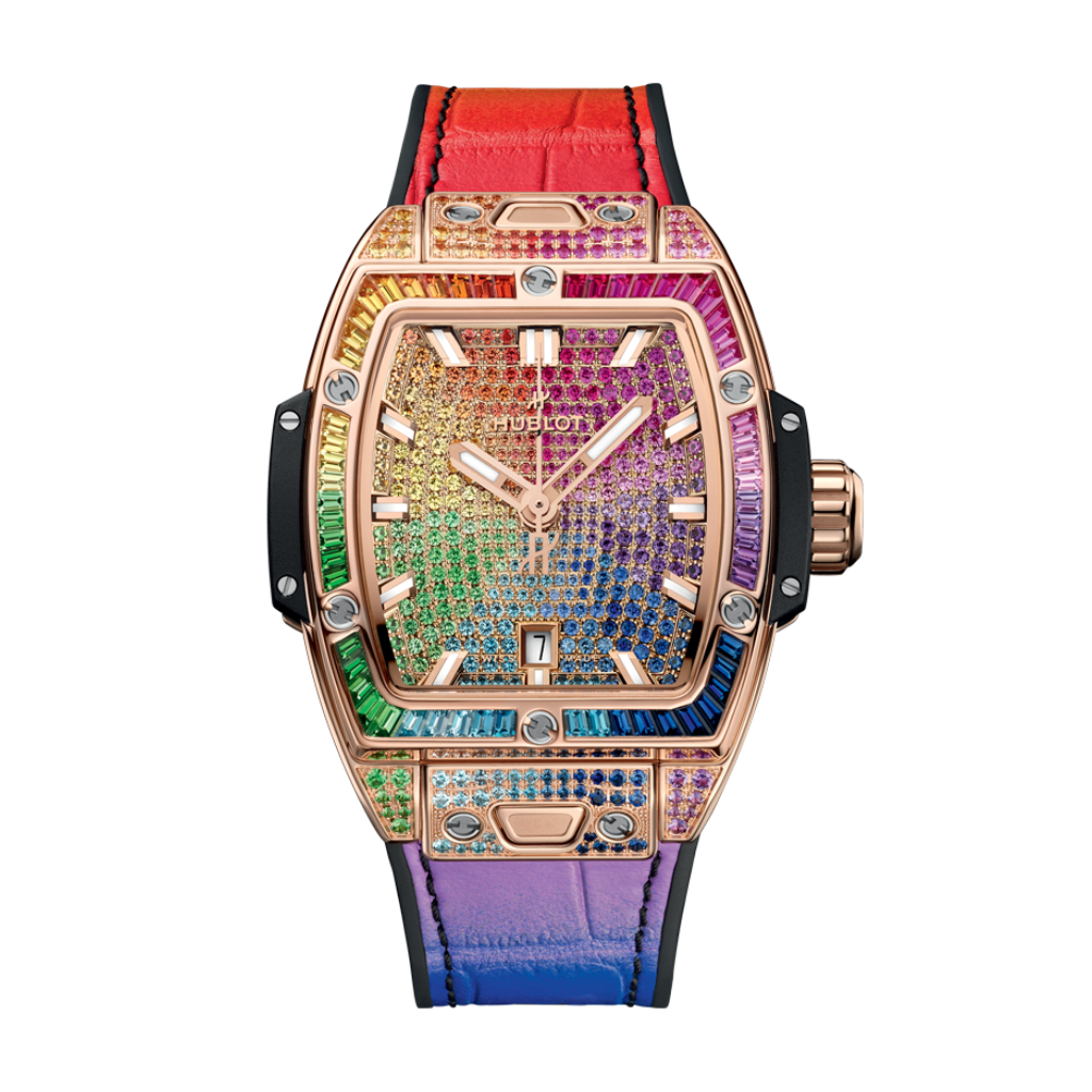 Hublot Spirit of Big Bang King Gold Rainbow 32 mm Diamond Paved Dial Polished 18K King Gold   Leather Strap 682.OX.9900.LR.0999 - WATCHXNYC