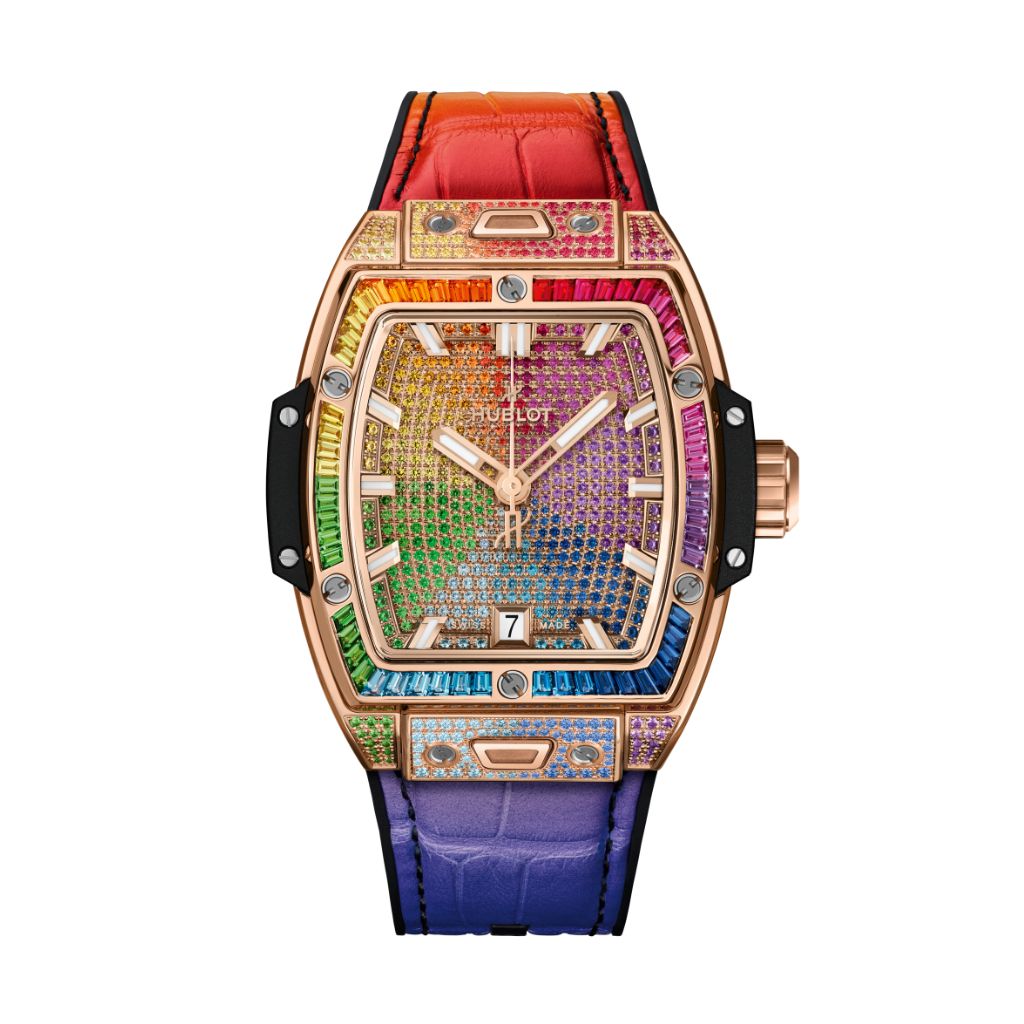 Hublot Spirit of Big Bang King Gold Rainbow 39 mm Diamond Paved Dial Polished 18K King Gold   Leather Strap 662.OX.9900.LR.0999 - WATCHXNYC