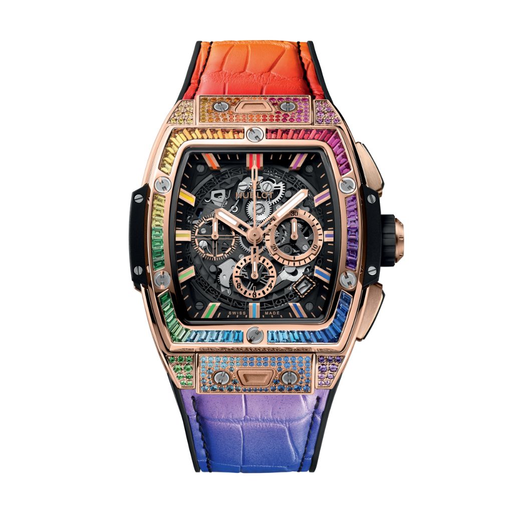 Hublot Spirit of Big Bang King Gold Rainbow 42 mm Transparent Dial with Diamonds Polished 18K King Gold   Leather Strap 642.OX.0118.LR.0999 - WATCHXNYC