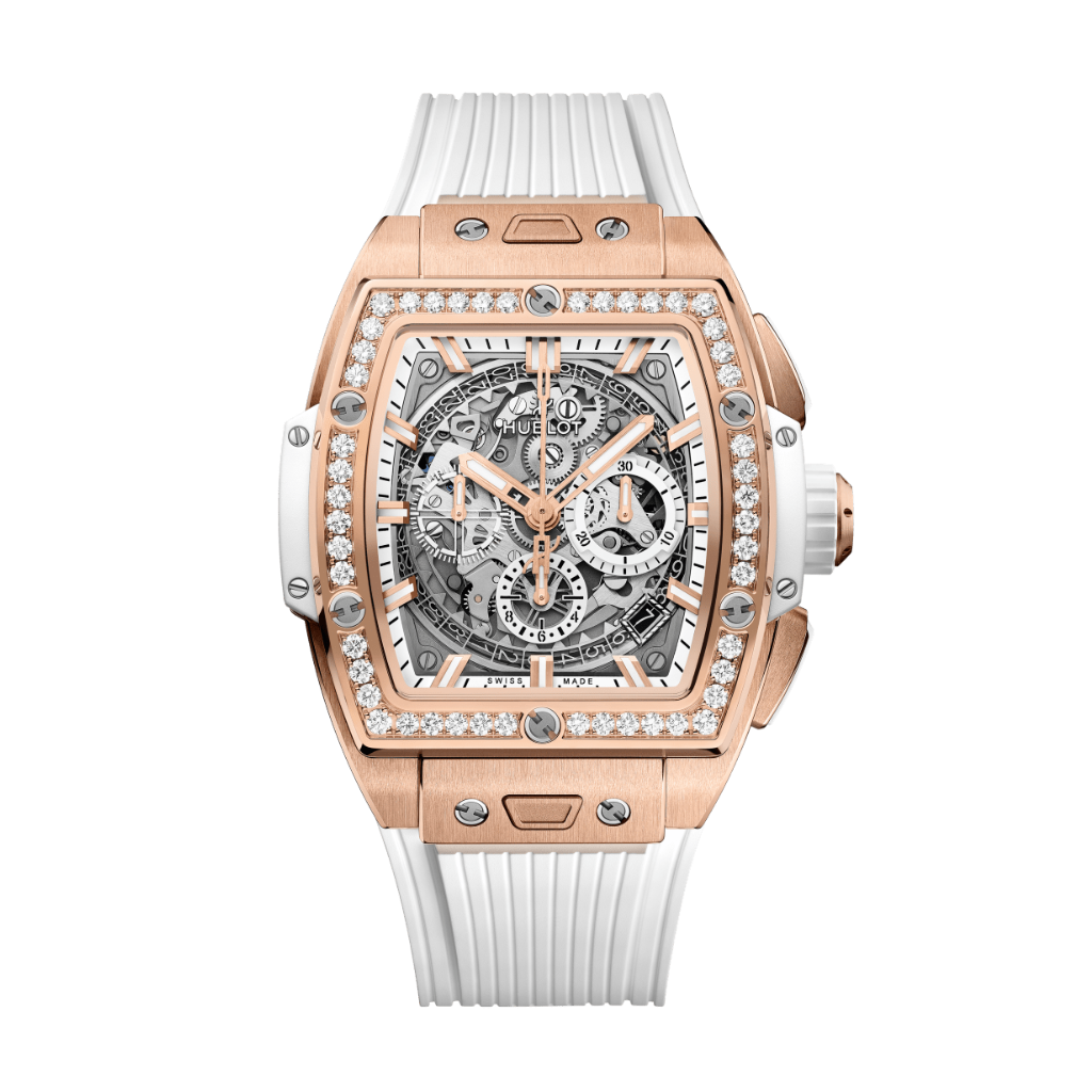 Hublot Spirit of Big Bang King Gold White Diamonds 42 mm Transparent Dial with Diamonds Polished 18K King Gold Rubber Strap 642.OE.2010.RW.1204 - WATCHXNYC