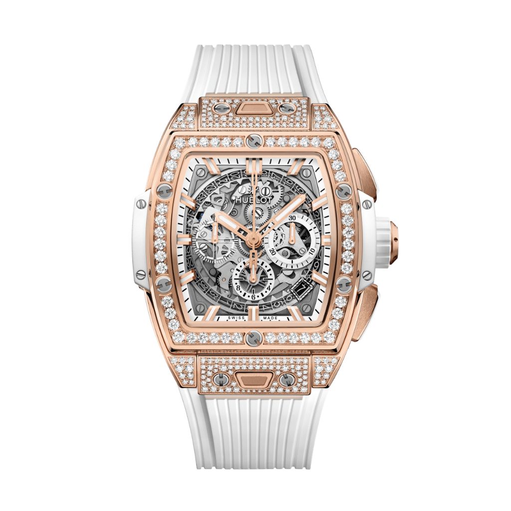 Hublot Spirit of Big Bang King Gold White Pavé 42 mm Transparent Dial with Diamonds Polished 18K King Gold Rubber Strap 642.OE.2010.RW.1604 - WATCHXNYC