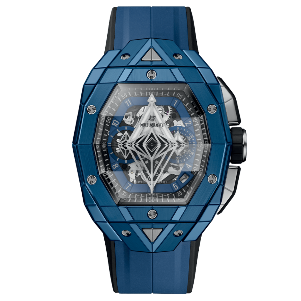 HUBLOT Spirit of Big Bang Sang Bleu Blue Ceramic 42 mm Transparent Dial Polished Blue Ceramic Rubber Strap 648.EX.0151.RX.MXM24 - WATCHXNYC