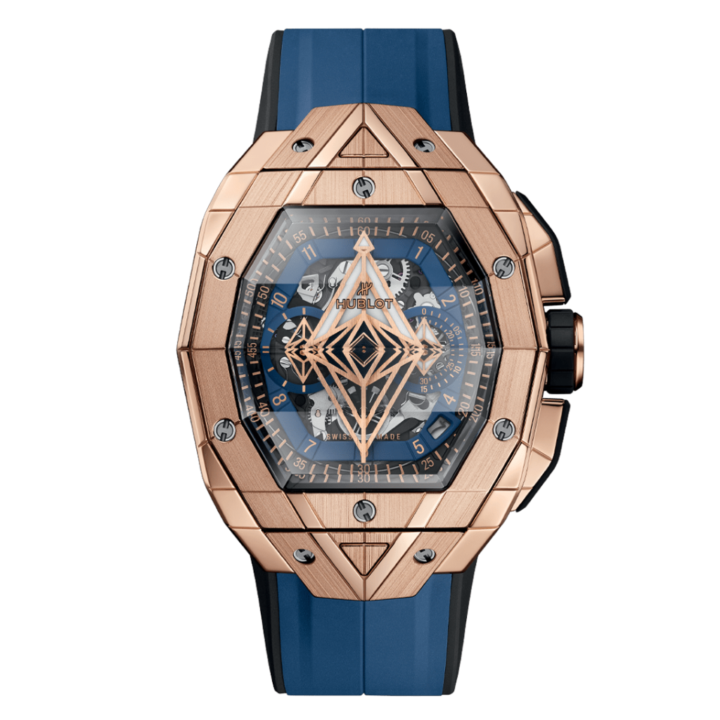 HUBLOT Spirit of Big Bang Sang Bleu King Gold Blue 42 mm Transparent Dial Polished 18K King Gold Rubber Strap 648.OX.0151.RX.MXM24 - WATCHXNYC
