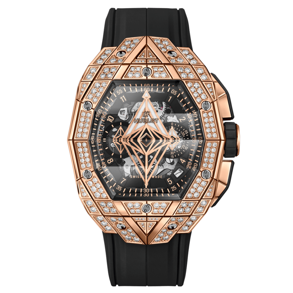 HUBLOT Spirit of Big Bang Sang Bleu King Gold Pavé 42 mm Transparent Dial with Diamonds Polished 18K King Gold Rubber Strap 648.OX.0108.RX.1604.MXM23 - WATCHXNYC