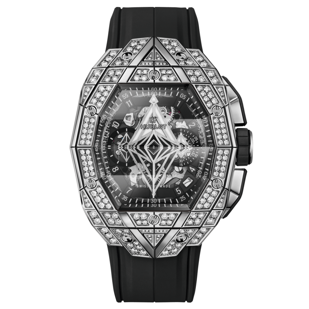 HUBLOT Spirit of Big Bang Sang Bleu Titanium Pavé 42 mm Transparent Dial with Diamonds Polished Titanium Rubber Strap 648.NX.0107.RX.1604.MXM23 - WATCHXNYC