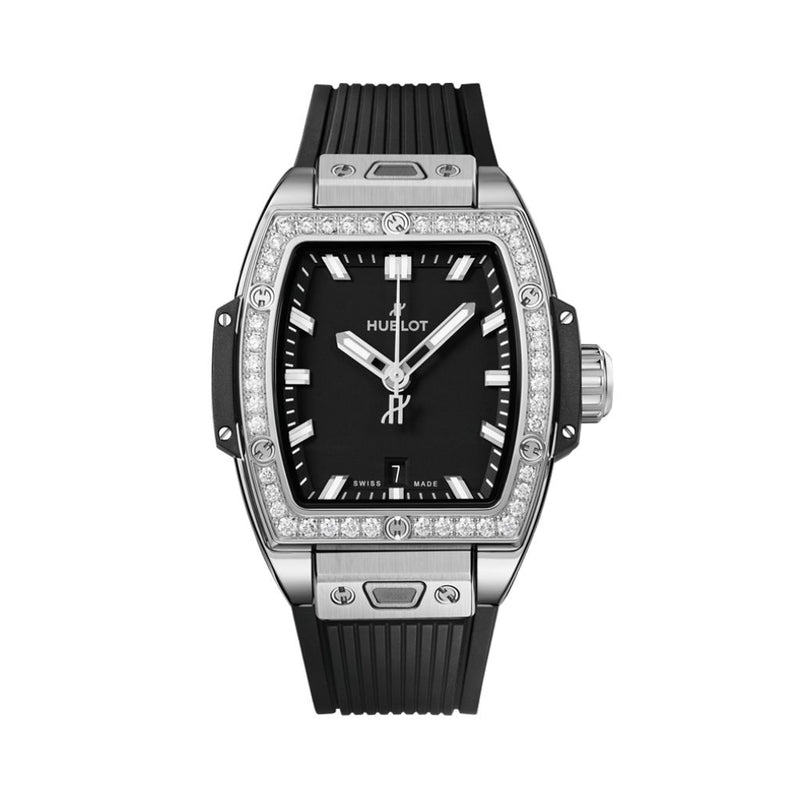 Hublot Spirit of Big Bang Steel Diamonds 32 mm Esfera negra con diamantes Correa de caucho de acero inoxidable pulido 682.SX.1170.RX.1204 