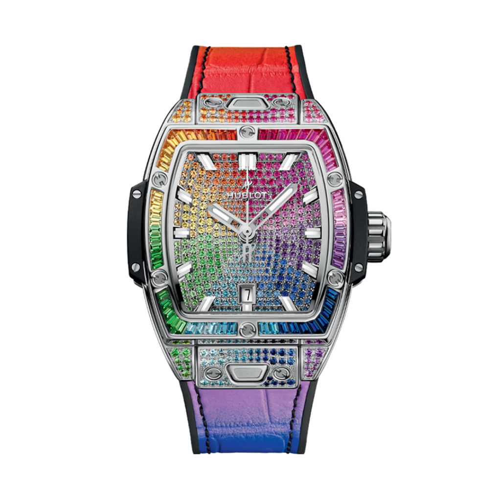 Hublot Spirit of Big Bang Steel Rainbow 32 mm Diamond Paved Dial Polished Stainless Steel   Leather Strap 682.SX.9900.LR.0999 - WATCHXNYC