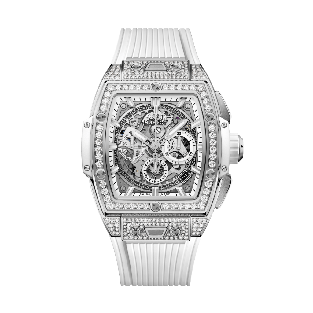 Hublot Spirit of Big Bang Titanium White Pavé 42 mm Transparent Dial with Diamonds Polished Titanium Rubber Strap 642.NE.2010.RW.1604 - WATCHXNYC