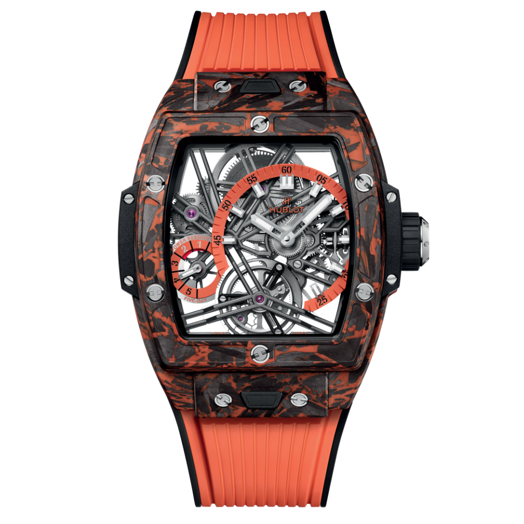 HUBLOT Spirit of Big Bang Tourbillon Orange Carbon 42 mm Transparent Dial Carbon Fiber Rubber Strap 645.QO.4710.RX - WATCHXNYC