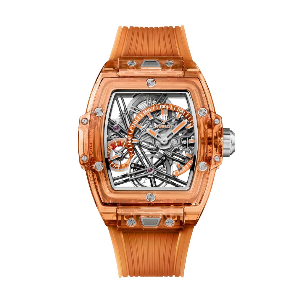 Hublot Spirit of Big Bang Tourbillon Orange Sapphire 42 mm Transparent Dial Polished Orange Sapphire Crystal Transparent Strap 645.JO.0120.RT - WATCHXNYC