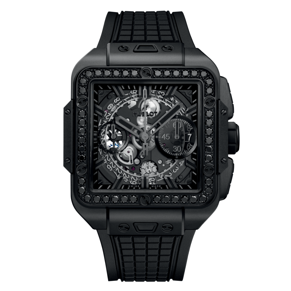 HUBLOT Square Bang Unico All Black Diamonds 42 mm Transparent Dial Microblasted and Polished Black Ceramic Rubber Strap 821.CX.0140.RX.1200 - WATCHXNYC