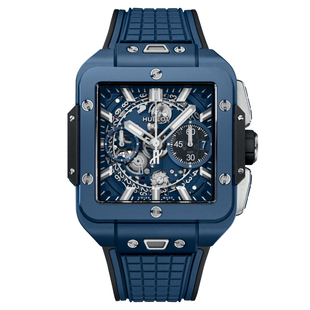 HUBLOT Square Bang Unico Blue Ceramic 42 mm Transparent Dial Microblasted and Polished Blue Ceramic Rubber Strap 821.EX.5170.RX - WATCHXNYC
