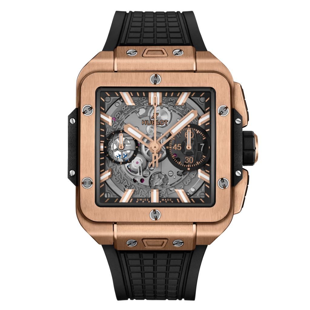 HUBLOT Square Bang Unico King Gold 42 mm Transparent Dial Polished 18K King Gold Rubber Strap 821.OX.0180.RX - WATCHXNYC