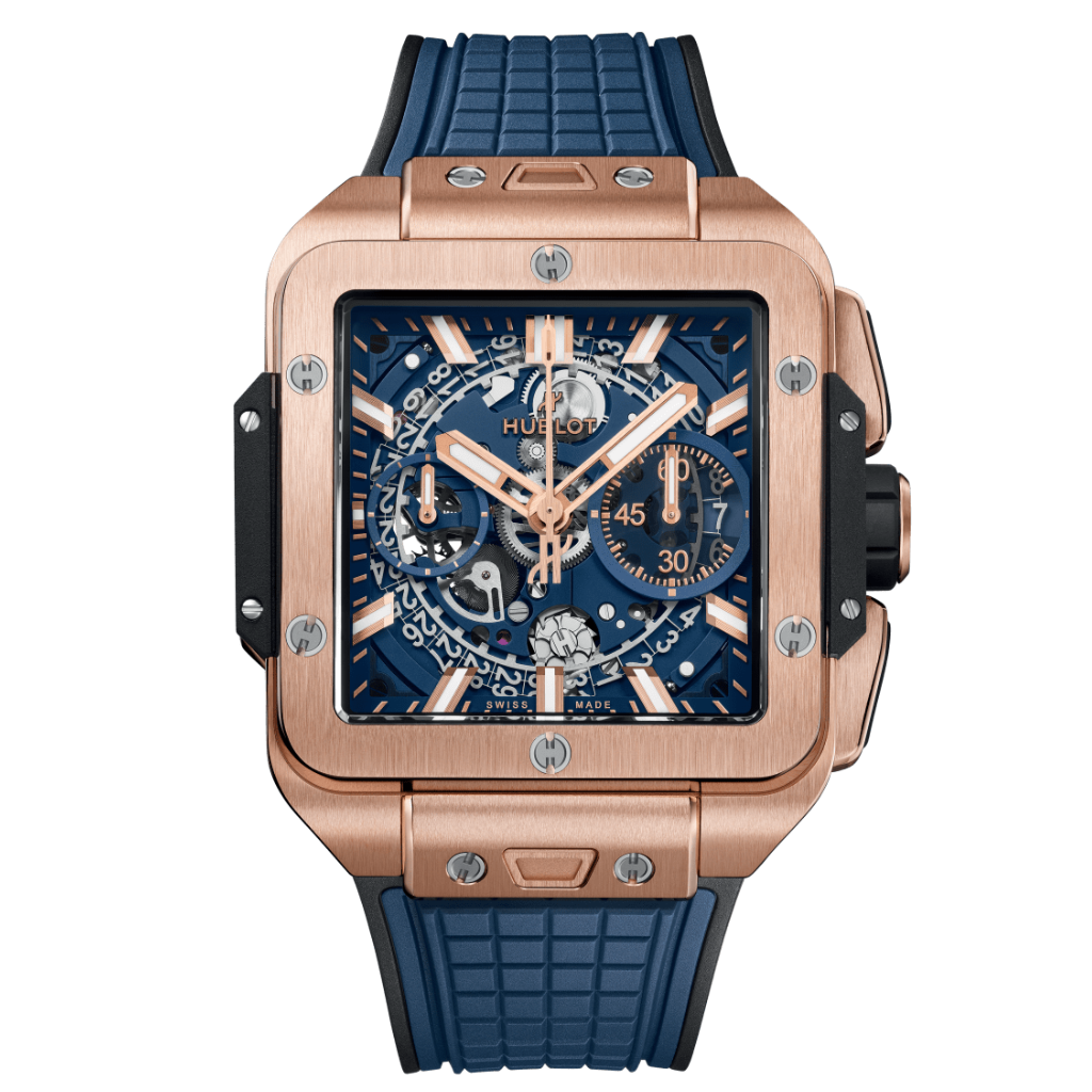HUBLOT Square Bang Unico King Gold Blue 42 mm Transparent Dial Polished 18K King Gold Rubber Strap 821.OX.5180.RX - WATCHXNYC