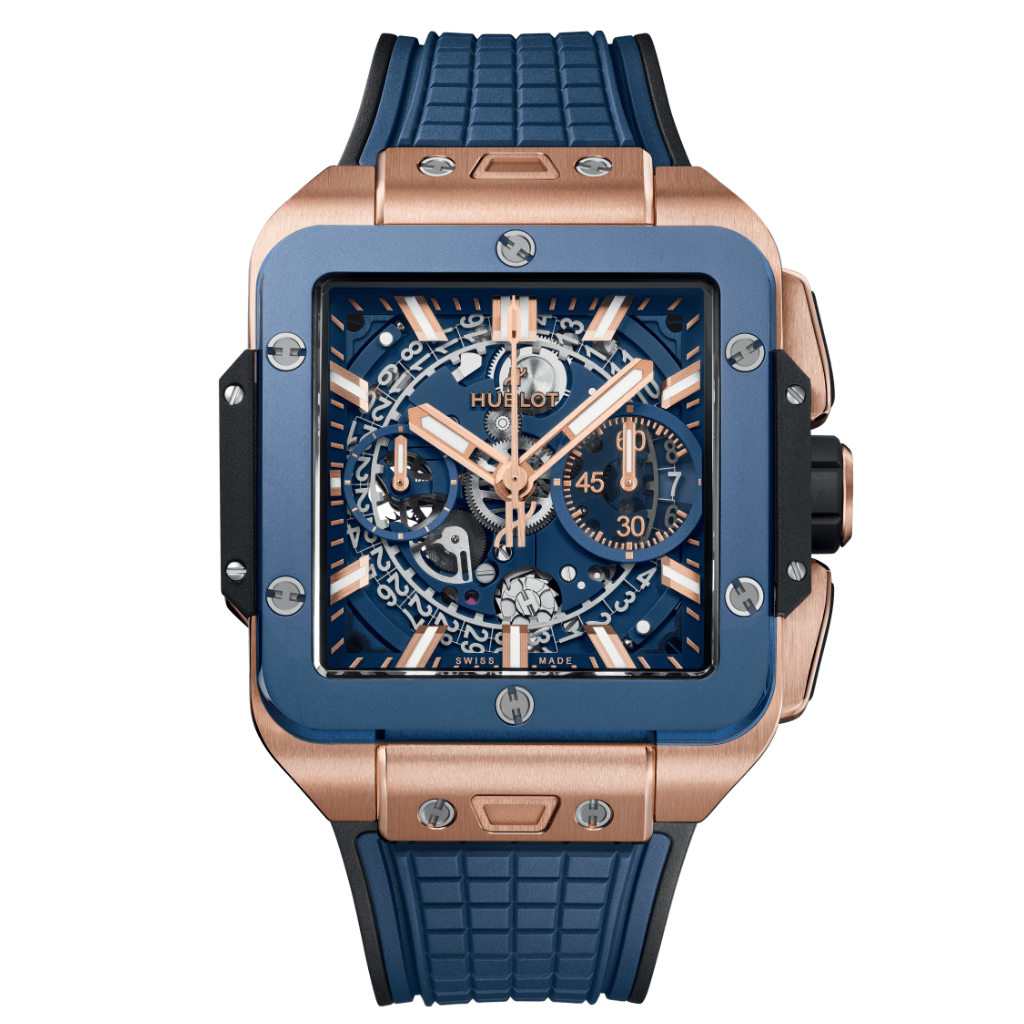 HUBLOT Square Bang Unico King Gold Blue Ceramic 42 mm Transparent Dial Polished 18K King Gold Rubber Strap 821.OL.5180.RX - WATCHXNYC