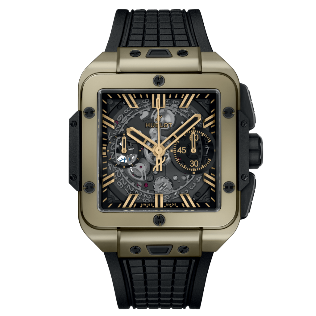 HUBLOT Square Bang Unico Magic Gold 42 mm Transparent Dial Polished 18K Magic Gold Rubber Strap 821.MX.0130.RX - WATCHXNYC