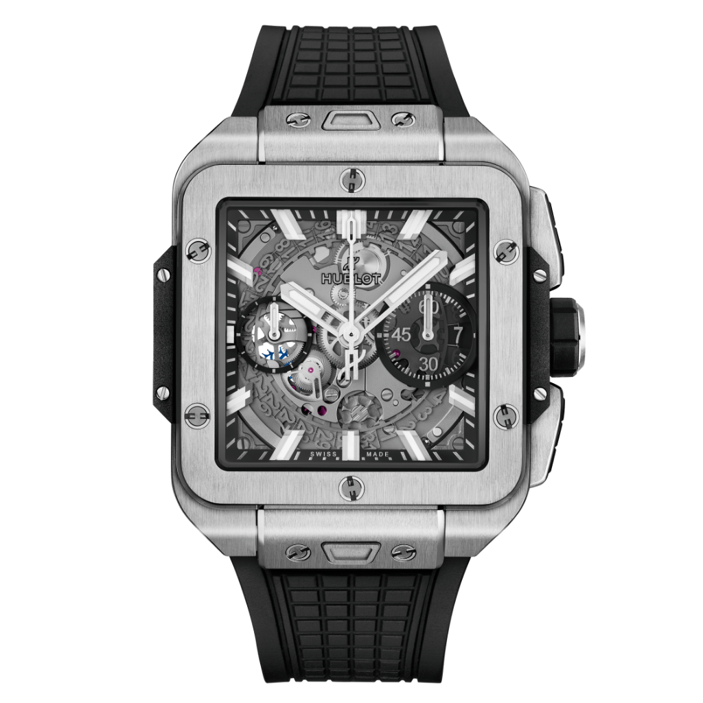 HUBLOT Square Bang Unico Titanium 42 mm Transparent Dial Polished Titanium Rubber Strap 821.NX.0170.RX - WATCHXNYC