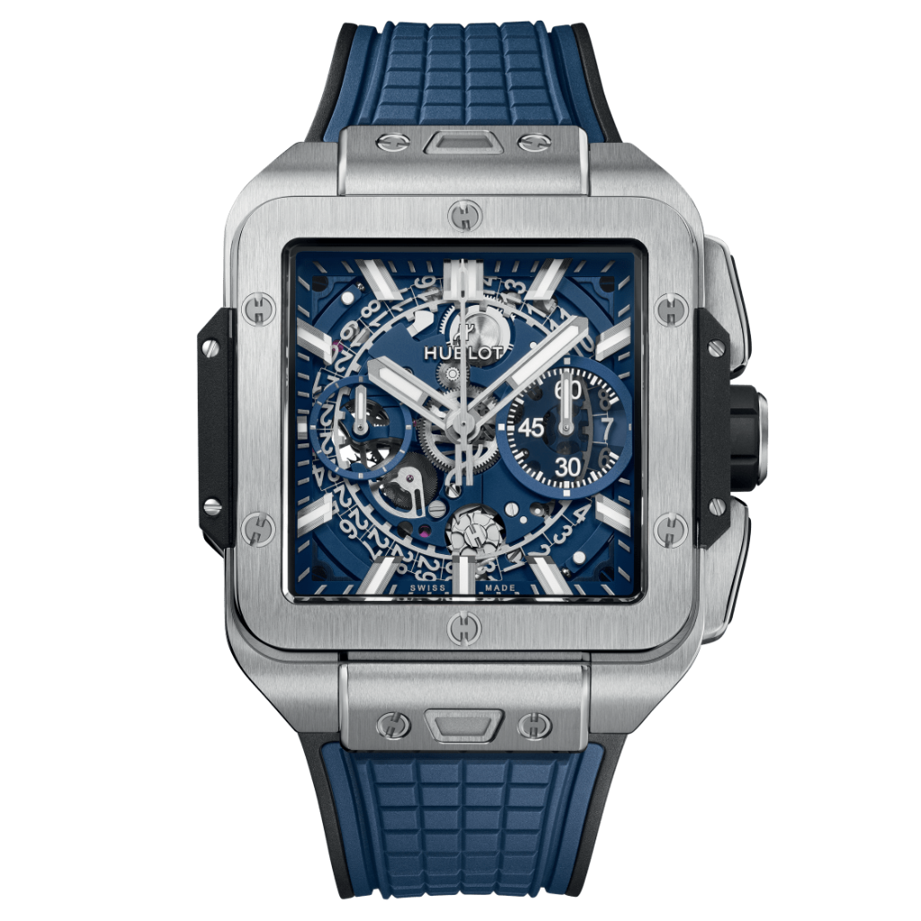 HUBLOT Square Bang Unico Titanium Blue 42 mm Transparent Dial Polished Titanium Rubber Strap 821.NX.5170.RX - WATCHXNYC
