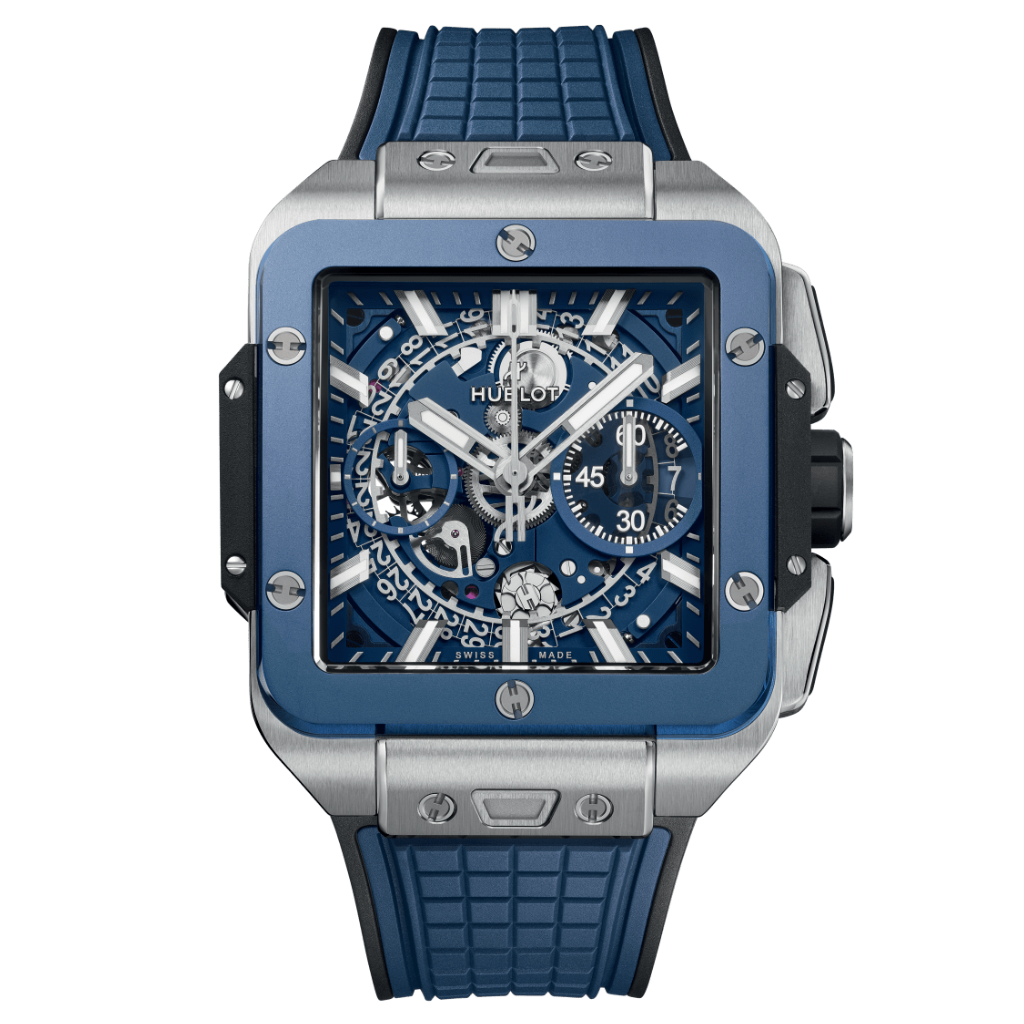 HUBLOT Square Bang Unico Titanium Blue Ceramic 42 mm Transparent Dial Polished Titanium Rubber Strap 821.NL.5170.RX - WATCHXNYC