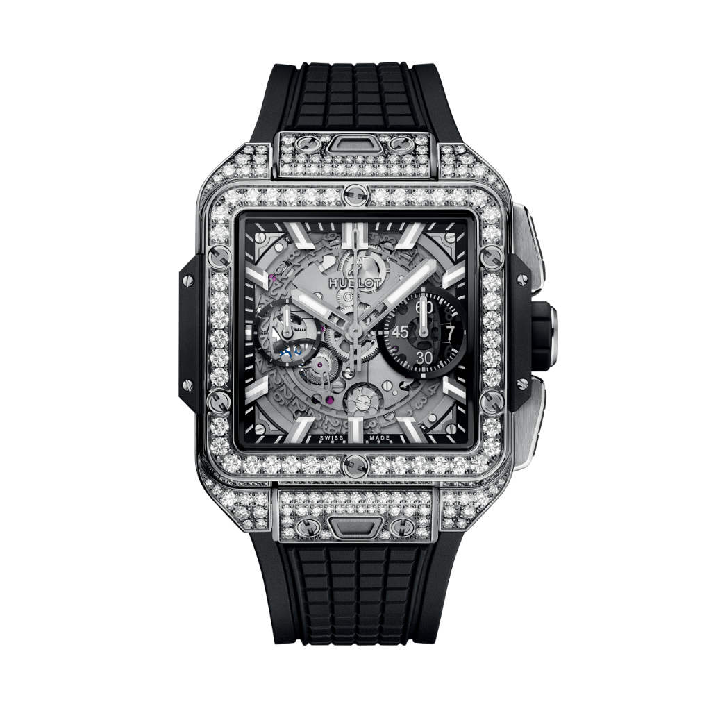 Hublot Square Bang Unico Titanium Pavé 42 mm Transparent Dial with Diamonds Polished Titanium Rubber Strap 821.NX.0170.RX.1604 - WATCHXNYC