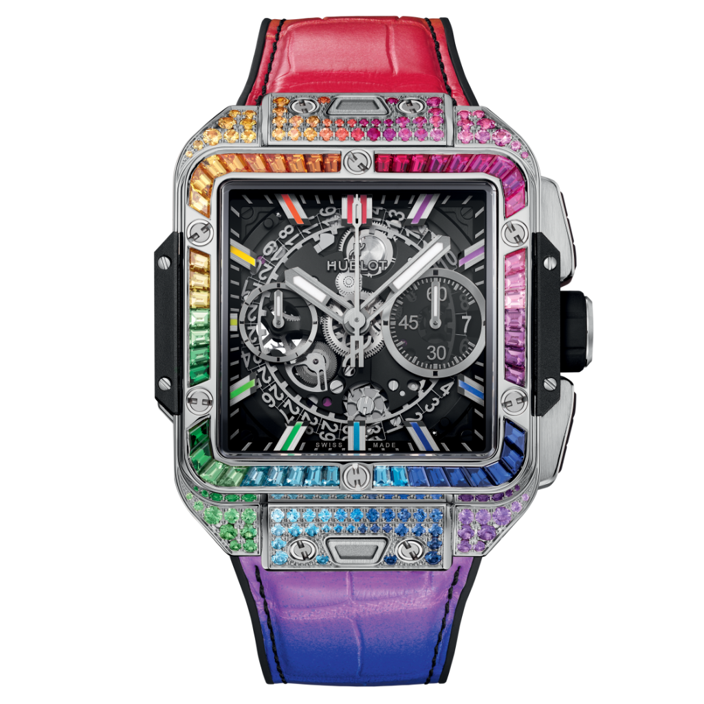 HUBLOT Square Bang Unico Titanium Rainbow 42 mm Transparent Dial with Diamonds Polished Titanium Rubber with Leather Strap 821.NX.0117.LR.0999 - WATCHXNYC