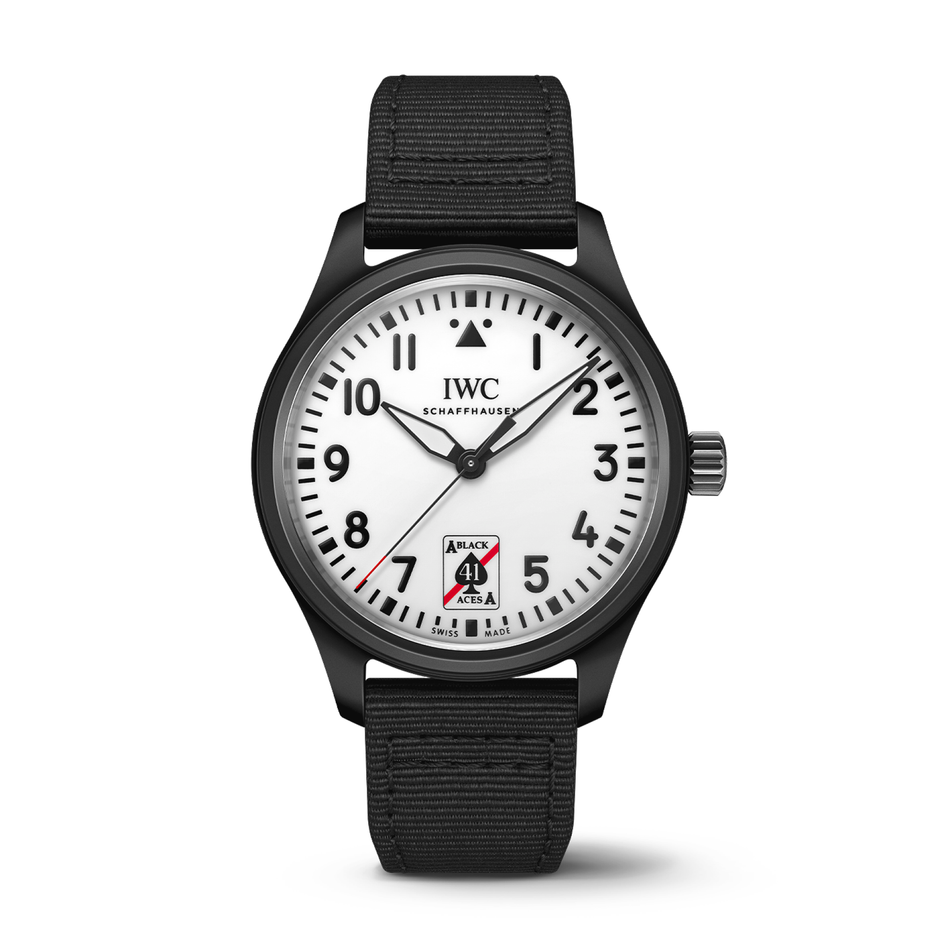 IWC Schaffhausen Pilot’s Watch Automatic 41 Black Aces 41 mm White Dial Ceramic  Black Textile Strap IW326905 - WATCHXNYC