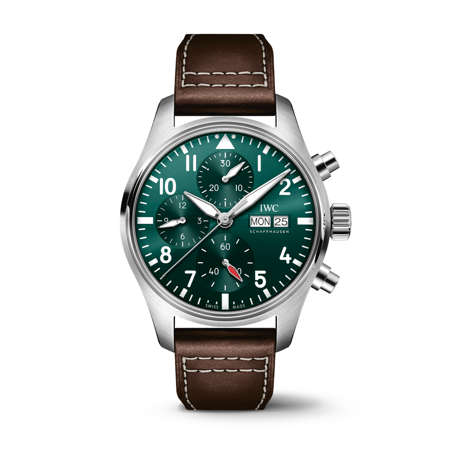 IWC Schaffhausen Pilot’s Watch Chronograph 41  mm Green  Dial Stainless Steel Brown   Strap IW388103 - WATCHXNYC
