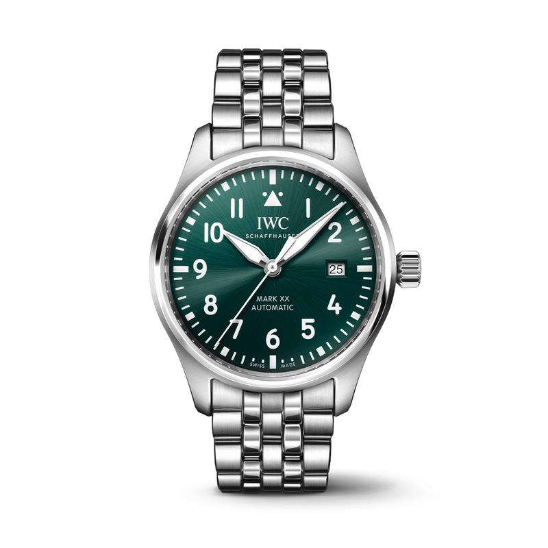 Reloj de aviador IWC Schaffhausen Mark XX de 40 mm con esfera verde y brazalete de acero inoxidable IW328206 