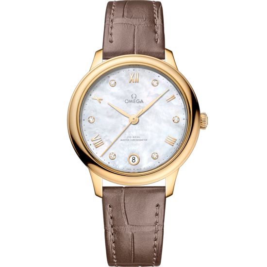 Omega De Ville Prestige 34 mm White Dial with Diamonds 18k Yellow Gold Strap 434.53.34.20.55.002 - WATCHXNYC