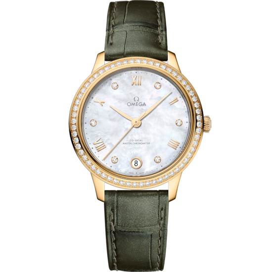 Omega De Ville Prestige 34 mm White Dial with Diamonds 18k Yellow Gold Strap 434.58.34.20.55.002 - WATCHXNYC