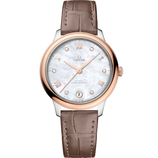 Omega De Ville Prestige 34 mm White Dial with Diamonds Stainless Steel and Sedna™ 18k Rose Gold Strap 434.23.34.20.55.001 - WATCHXNYC