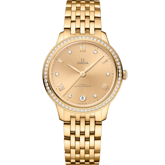 Omega De Ville Prestige 34 mm Yellow Dial with Diamonds 18k Yellow Gold Bracelet 434.55.34.20.58.001 - WATCHXNYC