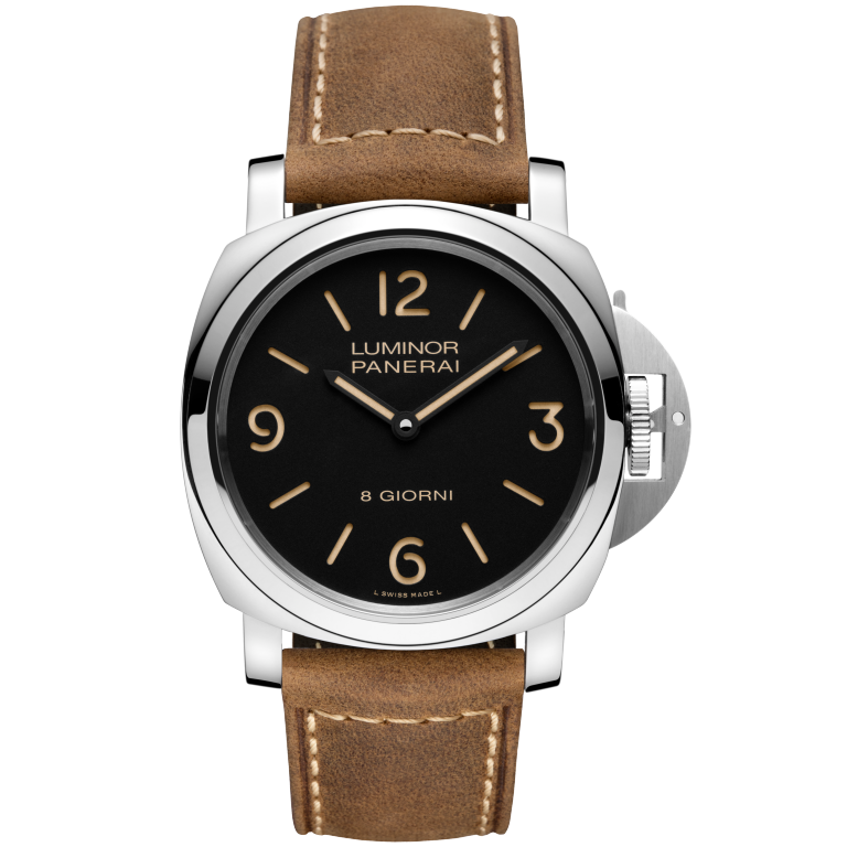 Panerai Luminor 8 Giorni 44 mm Black Dial Polished Steel Scamosciato Dark Brown Strap PAM00914 - WATCHXNYC