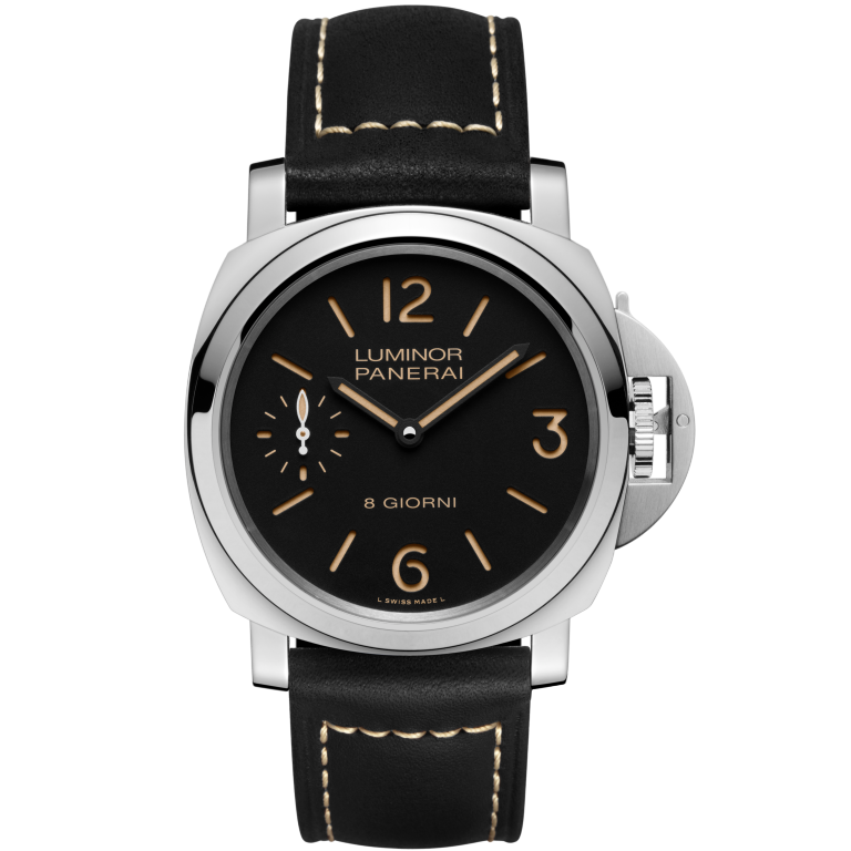 Panerai Luminor 8 Giorni 44 mm Black Dial Stainless Steel Black   Leather Strap PAM00915 - WATCHXNYC