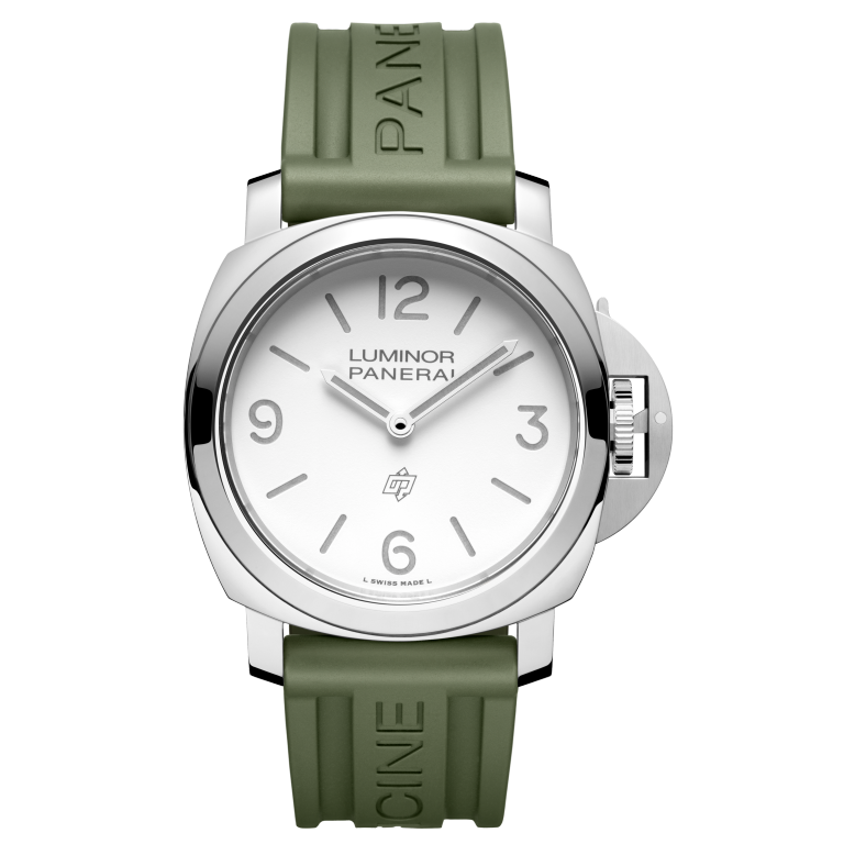 Panerai Luminor Base Logo 44 mm White Dial Polished Steel Caoutchouc Military Green Strap PAM01087 - WATCHXNYC