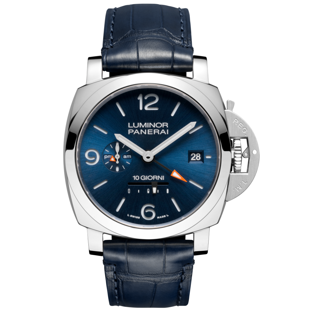 Panerai Luminor Dieci Giorni GMT 44 mm Sun-Brushed Blue Dial Polished Stainless Steel   Leather Strap PAM01482 - WATCHXNYC