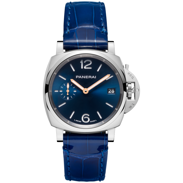 Panerai Luminor Due 38 mm Blue Dial Polished Steel   Shiny Blue Strap PAM01273 - WATCHXNYC