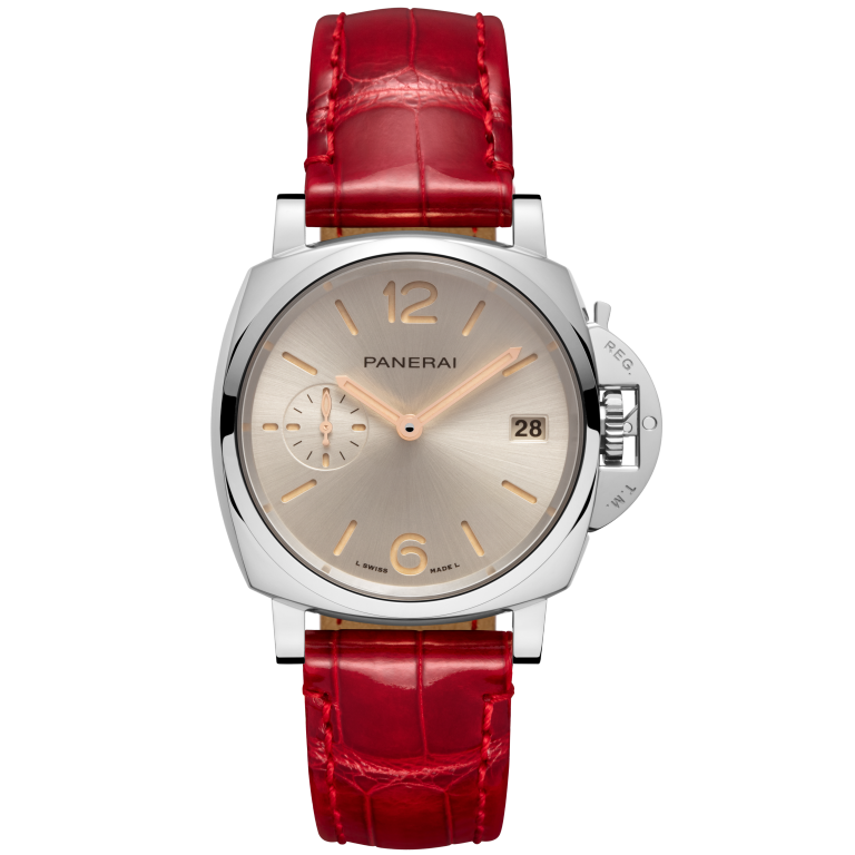 Panerai Luminor Due 38 mm Ivory Dial Polished Steel   Shiny Red Strap PAM01248 - WATCHXNYC