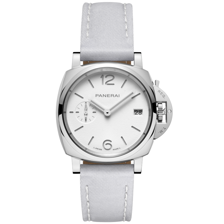 Panerai Luminor Due 38 mm White Dial Polished Steel Prada Re-Nylon Fiordaliso Strap PAM01426 - WATCHXNYC