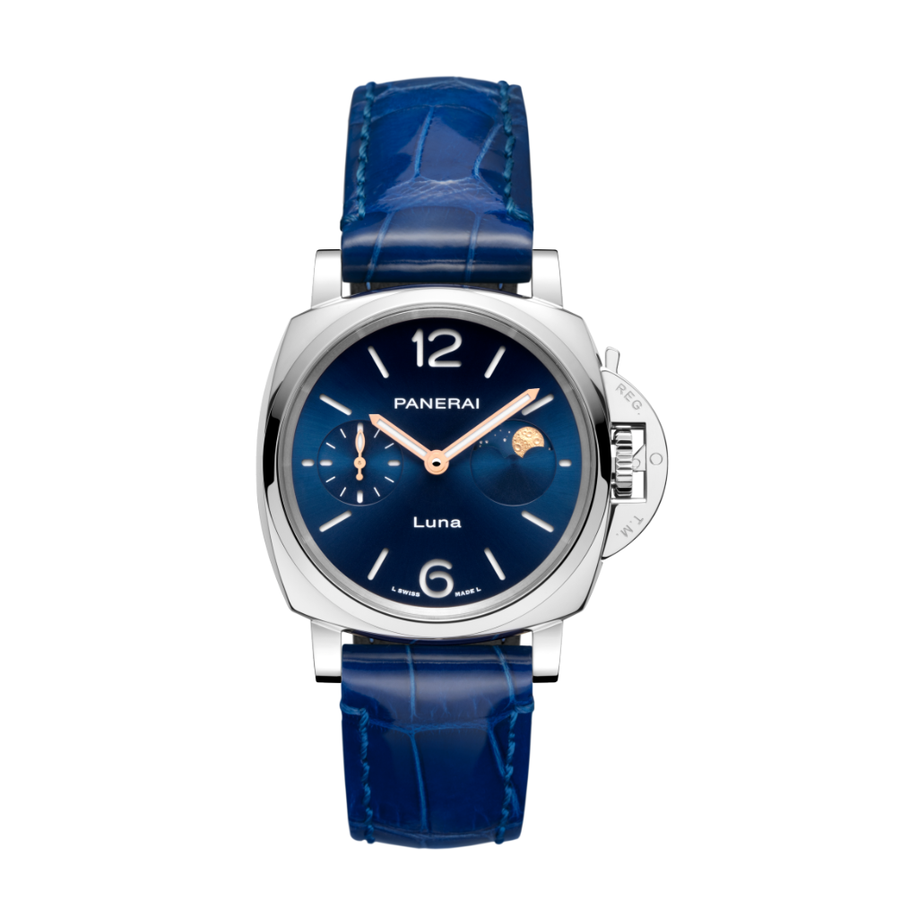 Panerai Luminor Due Luna 38 mm Blue Dial Polished Stainless Steel   Leather Strap PAM01179 - WATCHXNYC