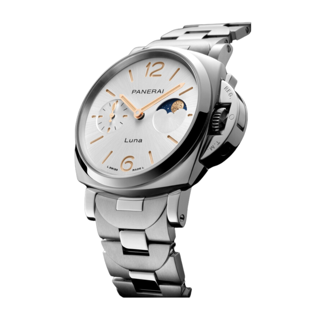 Panerai Luminor Due Luna 38 mm White Dial Polished Steel Polished And Brushed Steel Bracelet PAM01301 - WATCHXNYC