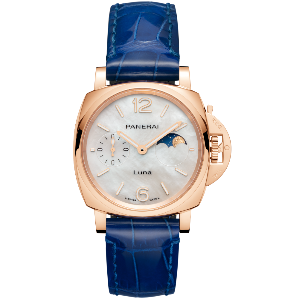 Panerai Luminor Due Luna Goldtech™ Madreperla 38 mm White Mother-Of-Pearl Dial Polished Goldtech™   Leather Strap PAM01181 - WATCHXNYC