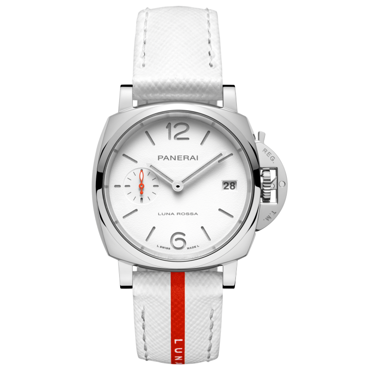 Panerai Luminor Due Luna Rossa 38 mm White Dial Polished Steel White Saffiano Calf Luna Rossa Strap PAM01378 - WATCHXNYC