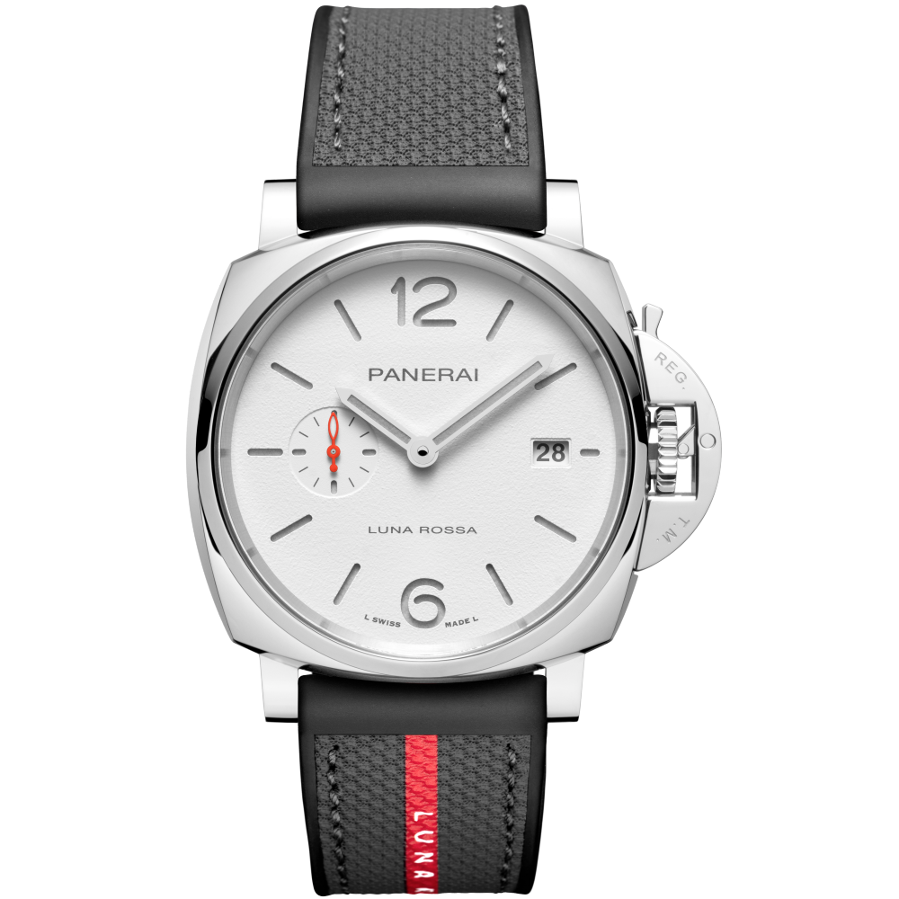 Panerai Luminor Due Luna Rossa 42 mm White Dial Polished Stainless Steel Rubber/Textile Strap PAM01381 - WATCHXNYC