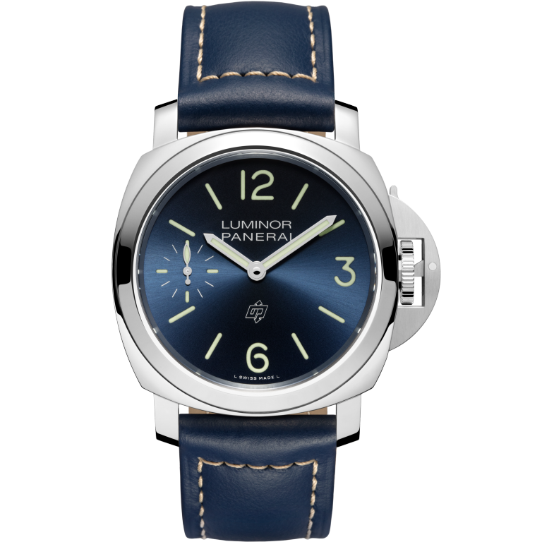 Panerai Luminor Logo 44 mm Blue Dial Polished Steel Dark Blue   Strap PAM01085 - WATCHXNYC