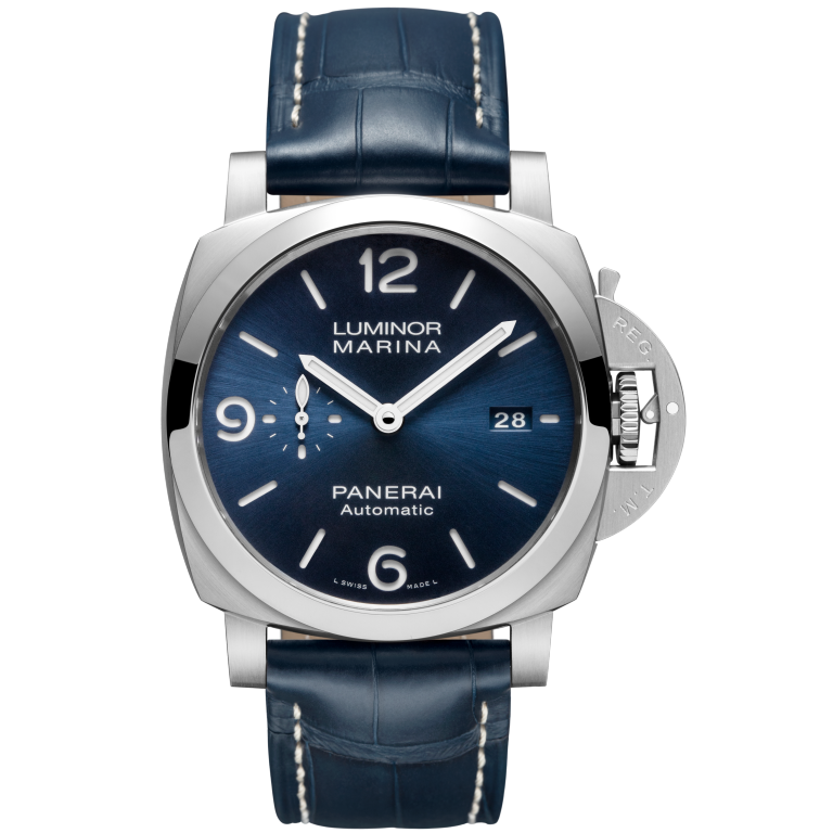 Panerai Luminor Marina 44 mm Blue Dial Stainless Steel Dark Blue   Leather Strap PAM01313 - WATCHXNYC