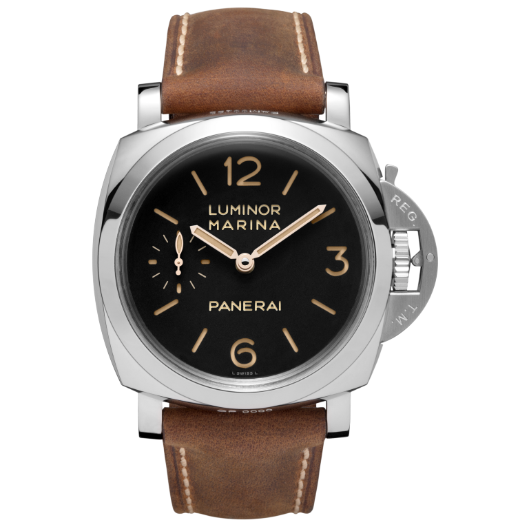 Panerai Luminor Marina 47 mm Black Dial Polished Steel Scamosciato Dark Brown Strap PAM00422 - WATCHXNYC