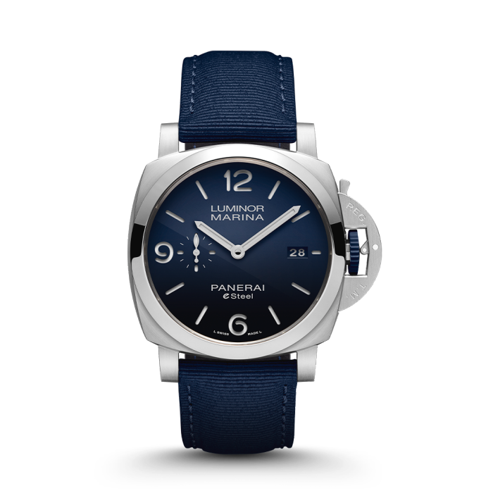 Panerai Luminor Marina Blu Profondo 44 mm Blue Dial Brushed Steel Recycled PET Blue Strap PAM01157 - WATCHXNYC