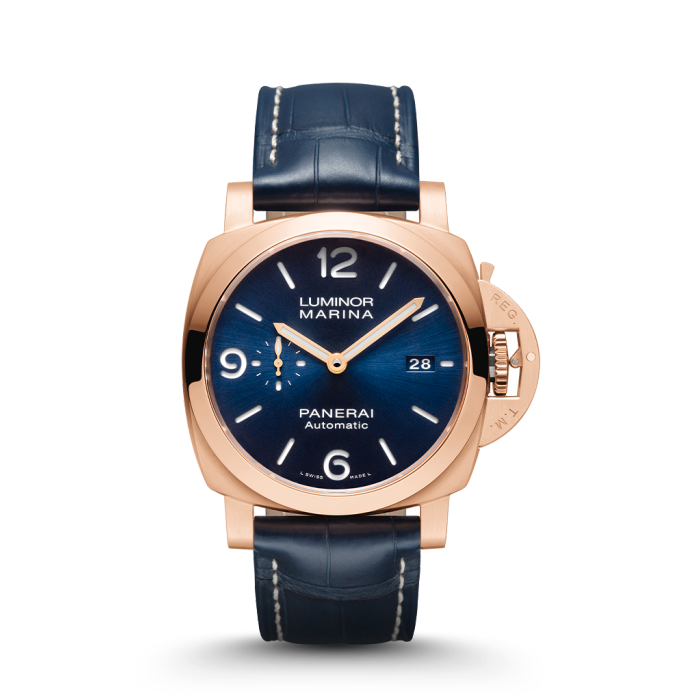 Panerai Luminor Marina Goldtech™ 44 mm Blue Dial Brushed Panerai Goldtech™   Dark Blue Leather Strap  PAM01112 - WATCHXNYC